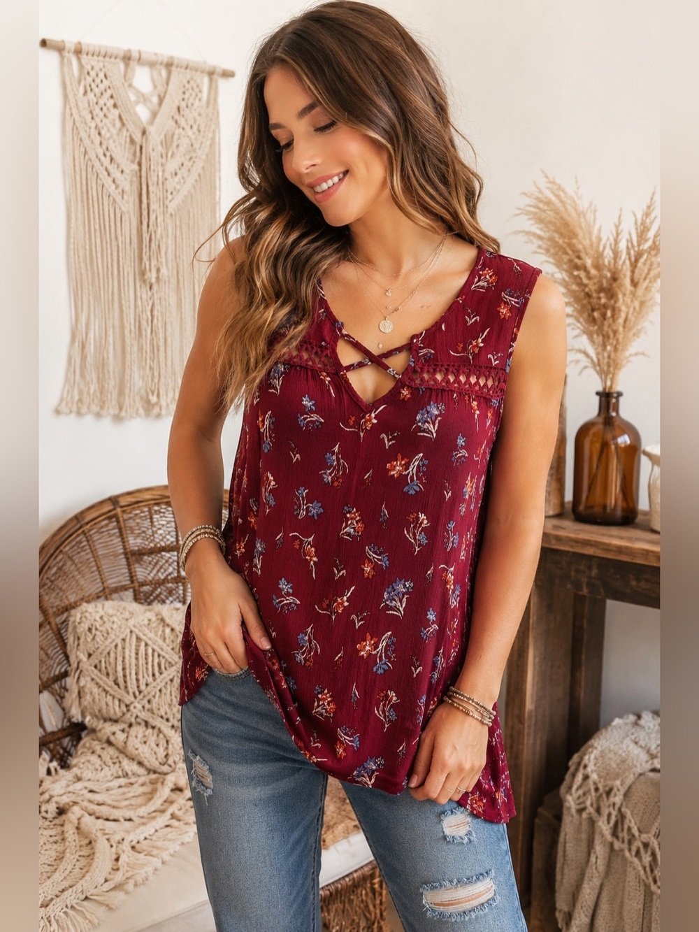 Daytrip Burgundy Floral Crisscross Crochet Lace Sleeveless Boho Top